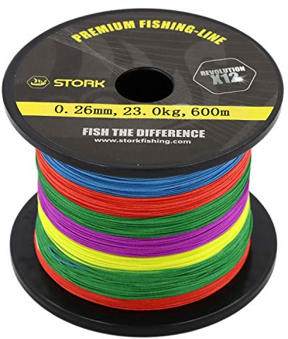 Stork Revolution, 12-Fach geflochtene Premium Angelschnur 600m (Multicolor, 23 kg / 0.26 mm)