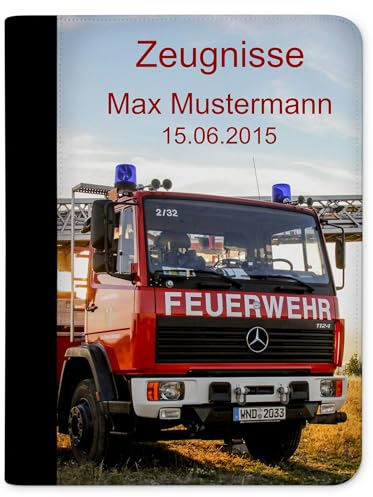CreaDesign Zeugnismappe A4 mit Namen personalisiert – Feuerwehr Drehleiter – für Jungen – Dokumentenmappe Schule ohne Klarsichthüllen