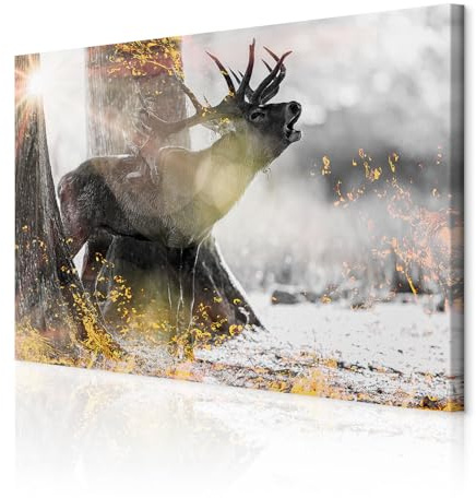 decomonkey Wandbilder Tiere Hirsch 120x80 cm 1 Teilig Leinwandbilder Natur | Strukturleinwand, Holzkeilrahmen, Bild auf Leinwand, Kunstdruck, Wanddeko, Wohnzimmer, Wanddekoration, Baum, Wald