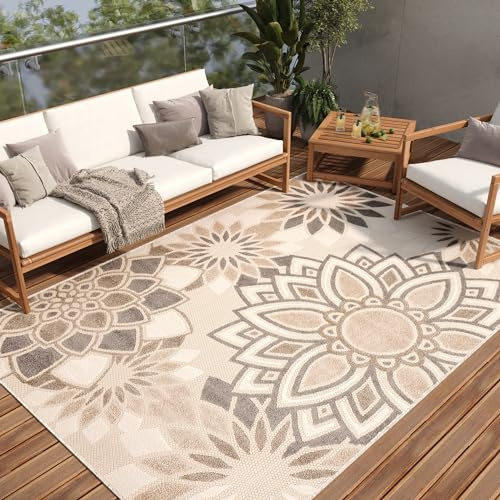 TAPISO Alfombra De Terraza Exterior Interior Terraza Balcón Jardín De Invierno Cocina Salón Moderna Beige Gris Floral Aspecto 3D Resistente A La Intemperie Oeko-Tex 160 x 220 cm
