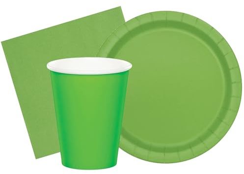 Isola Party Kit festa di compleanno tinta unita color Verde lime per 25 persone eco-friendly (25 piatti di carta ⌀ 23 cm, 25 bicchieri di carta 200 ml, 50 tovaglioli di carta 33x33 cm)