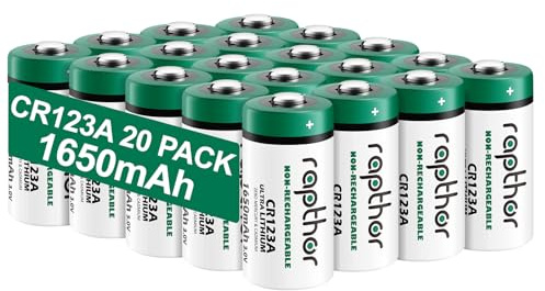 Rapthor 1650mAh CR123A 3V Lithium Battery CR123 123A CR17345 High Power Lithium Batteries with Built-in PTC for Flashlight Cameras Toys Alarm System Microphones (20Pack)