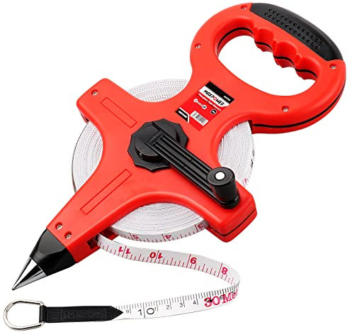 Open Reel Tape Measure, MAXOWER Fibreglass Surveyors Meter Tape Measure Ruler Tape, 30M / 100 FT - Dual Scale (Inch & Metric) - for Runway and Engineer Survey