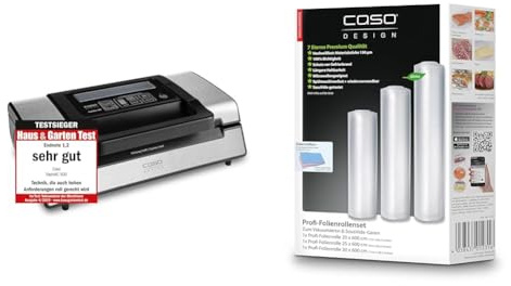 Caso 1409 FastVac 500 Gewerbevakuumierer - Edelstahl Vakuumierer für den professionellen Gebrauch & Profi- Folienrollen Set 4 / 1 St. 20x600 cm, 1 St. 25x600 cm, 1 St. 30x600 cm 150µm, für Vakuumierer