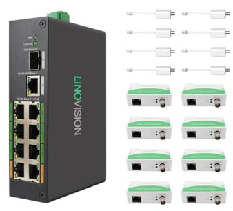 LINOVISION Industrial 8-Port EOC & POE Switch with 8pcs EOC Transmitters, Long Reach PoE Over Coax or UTP Cable, Simplified Wiring, Upgrading Analog System to IP Surveillance System