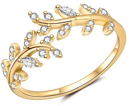 Sterling Silver Rings for Women, 925 Silver Open Adjustable Leaf Ring with Cubic Zirconia Jewelry Gift for Wedding Anniversary Birthday (Silver, Gold, Rose Gold)