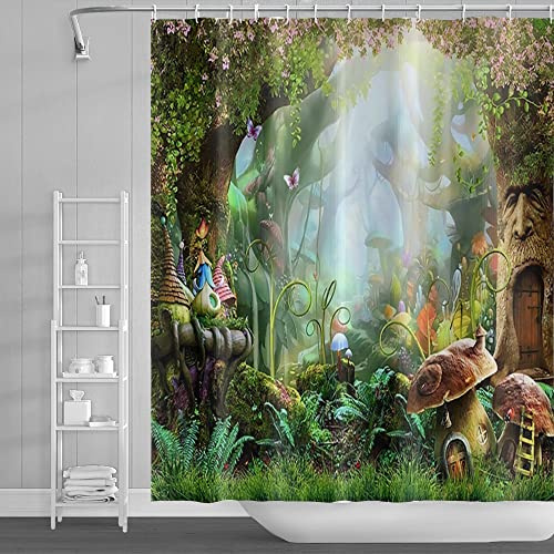 SDOTPMT 180x243cm Märchen Pilz Duschvorhang Magie Fantasie Wälder Urwald Baum Badevorhang Grün Wiese Anlage Blätter Blumen Badewannenvorhang für Badezimmer Polyester mit Haken