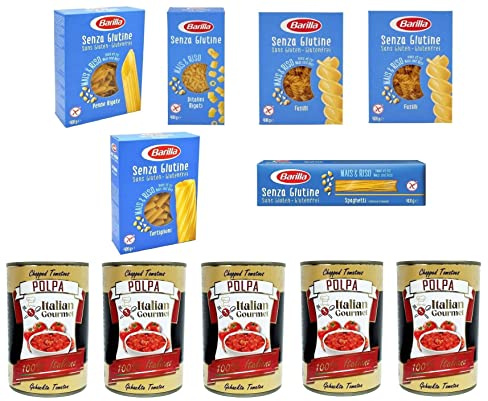 TestTPAKET Barilla senza Glutine - Pasta sin gluten, 6 x 400 g e Italian Gourmet Polpa di pomodoro y pelati Mutti polpa, pasta de tomate finamente picada, 5 x 400 g