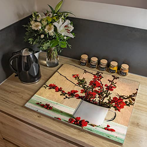 banjado® Herdabdeckplatte Glas 2-teilig 70x52 cm/Schneidebrett Herdabdeckung mit Motiv Berberitzen/Herdabdeckplatten Ceranfeld 2teilig / Schneidebrett Glas individuell einsetzbar