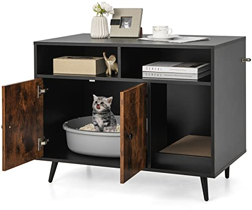 COSTWAY Katzenschrank, Katzentoilette mit Kratzunterlage & Doppeltüren, Katzenhaus mit offenem Regal & 2 Fächern, Katzenhöhle Katzenklo Schrank, für Katzen Hunde Haustier, Braun+Schwarz