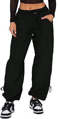 Waitfairy Cargo Pants Women Drawstring Elastic Waist Baggy Parachute Pants Woman Y2K Bottoms with Multiple Pockets Black S
