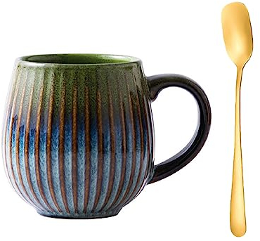 Xfeyaqlo Tasse Céramique émaillée 550ml, Grande Tasse Céramique, Tasse a Cafe Rayures Convient à La Maison et Au Bureau (Vert Dégradé)