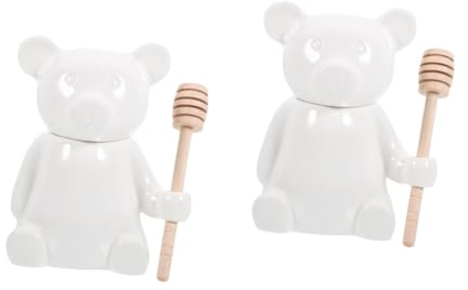 Garneck 2sets Wooden Spoon Honey Jar Bear Shape Ceramic Honey Pot Dipper Stick Decorative Kitchen Storage Containers