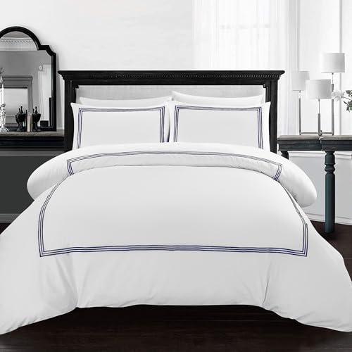 AR Ware King Size Duvet Cover Sets – 3 Pcs Luxury Bratta Stitch Duvet Cover Sets with 2 Pillowcases – Breathable Microfiber Quilt Cover (White/Navy)