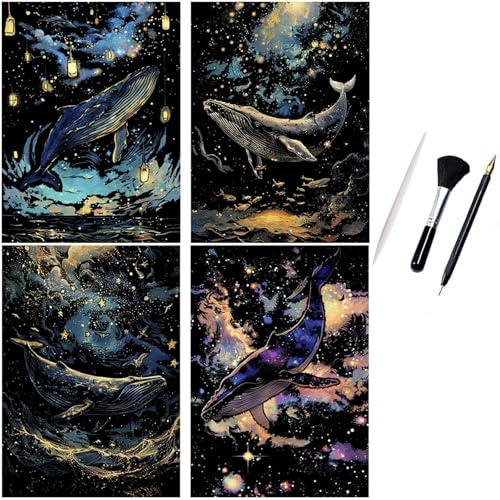 ShipeeKin 4x Kratzbilder Erwachsene Leuchtend A4 Kratzpapier (Wale) | 290 x 210 mm A4 Wandbild Kratzbilder Kratzpapiere Scratch Art mit Werkzeug Set