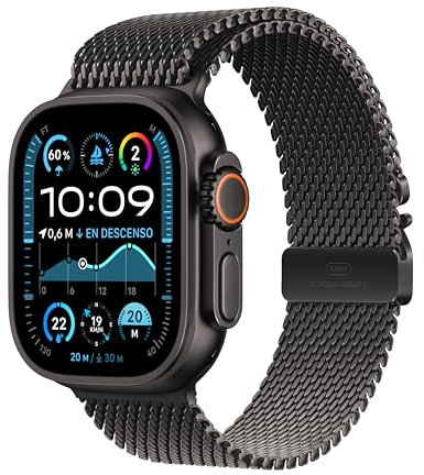 Apple Watch Ultra 2 GPS + Cellular Smartwatch, Reloj Deportivo con Caja de Titanio Negro Resistente de 49 mm y Pulsera Milanese Loop en Titanio Negro - Talla M. Monitor de entreno y Neutro en Carbono