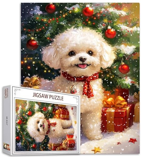 Weihnachten Bichon Frise Jigsaw Puzzle 1000 Teile Puzzles für Erwachsene Xmas Puppy Art Jigsaw Puzzles für herausfordernde Familie Aktivität Spiele bunte DIY Handarbeit Puzzle für Home Decor Geschenke