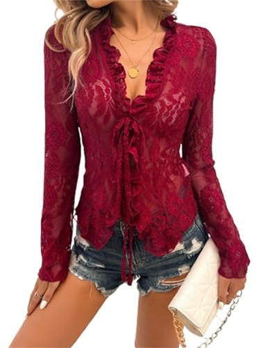 Edhomenn Womens Fashion Lace Tops Casual Long Sleeve Tie Front Shirt Sheer Mesh Blouse Y2k Aesthetic Clothes (02 Red, S)