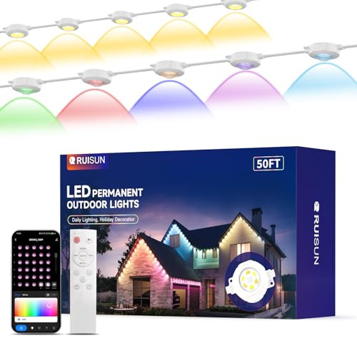 RUISUN Permanente Außenbeleuchte Lights 15M RGBICW 2700-6000K LED Lichterketten Outdoor IP67 Wasserdichte mit App Steuerung für Weihnachtsdekoration Gartenpartys und tägliche Beleuchtung(Weiße 50FT)