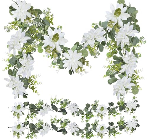 Foshird 2 Stück Künstliche Blumengirlande Deko 1,8m Weiße Dahlie Kunstblumen Hängend für Girlande Hochzeit Blumenwand Room Decor Garten Party