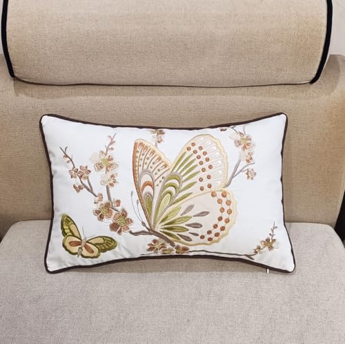 ZUODUTEX Embroidery Butterfly Cushion Cover, Orange, 30 x 50 cm | 12 x 20 Inch,Throw Cream Pillow Cover, Cushion Protector