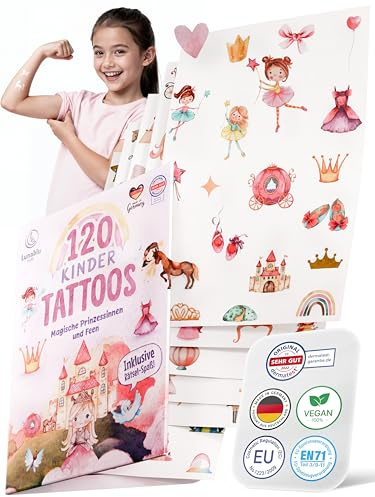 Lunablu 120 hudvänliga barntatueringar [Dermatologiskt certifierad] tillverkad i Tyskland | Present till barn | barntatueringar för pojkar och flickor | tatuering – prinsessor och älvor
