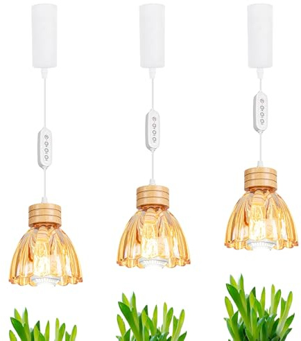 SKIVTGLAMP Adjustable Height Full Spectrum 10W Plant Growing Lamp H-Type Track Pendants, Clear Tulip Amber Oval Bell Glass, Hand Blown Cover AUTO Timer for Basil Indoor Green House, Customizable