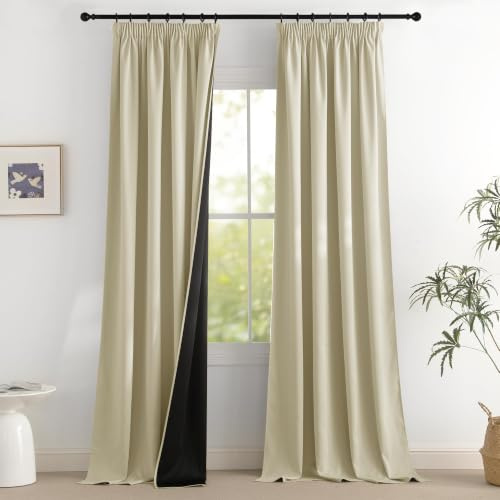 PONY DANCE 100% Verdunklungsvorhänge Kräuselband 2er Set H 245 x B 140 cm | Hellbeige, Thermovorhang Hitzeschutz, für Schienensystem, Gardinen Blickdicht, UV-Schutz, Blackout, für Wohnzimmer