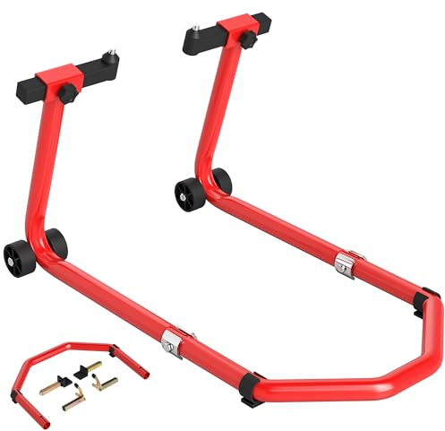 HOMCOM Motorcycle Stand Lift, 390 kg Capacity Convertible Front/Rear Motorbike Motorcycle Paddock Lift Stand with Adjustable U+L Fork Pin Adaptors, Wheels, Clamping Clips, Red