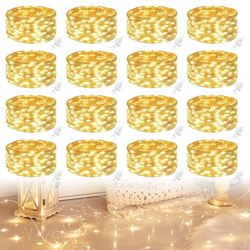 WIYETY 16 Stück LED Lichterkette: 2m 20 LED Batteriebetriebene Feenlichter Warmweiß, Lichterkette Silberdraht, Mini-Feenlichter für Weihnachten Hochzeit Party Innen Deko, WarmWeiß