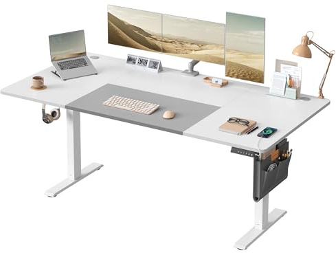 SONGMICS Scrivania Regolabile in Altezza Elettrica, 180 x 80 cm, Scrivania Elettrica, Tavolo con Memoria per 4 Altezze, Porta USB-C, Bianco Nuvola e Grigio Tortora LSD028WZ03