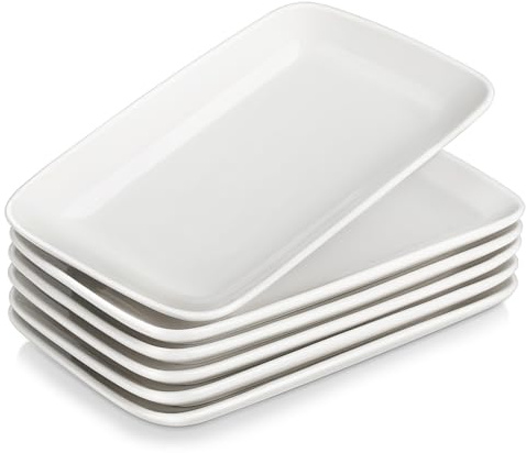 MALACASA Serving Platter, 9.5 Small Serving Dishes, Porcelain Rectangle Serving Plates Set of 6, Sushi Platters, White Platters for Serving Food, Appetizer, Dessert, Dishwasher and Microwave Safe