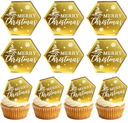 10Pcs Christmas Cupcake Toppers Decorations,Merry Christmas Personalised Cupcake Toppers Elegant Engraved Acrylic Gold Cake Toppers for Xmas Desserts Cake Party Supplies Decorations