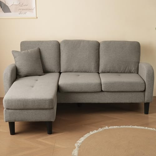 L-förmiges Ecksofa mit Chaiselongue – 3-Sitzer Sofa, 166 x 118 x 77 cm, Atmungsaktiver Baumwoll-Leinenstoff, Kunststoffbeine, Modulares Design, Ideal für Wohnzimmer, Apartments und Büros