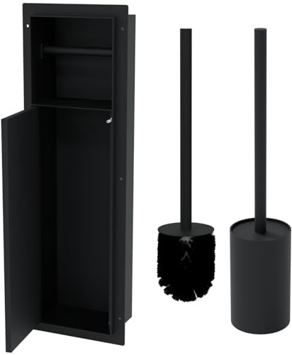 HAGO24 | WC Modul | Edelstahl Schwarz | Unterputz | Einbauschrank | Wandnische | 200x600mm | Toilettenpapierhalter | Bürstenhalter | Push-to-Open | befliesbare Tür | Stauraum