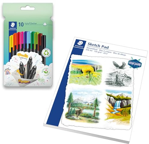 STAEDTLER triplus Fineliner 334 10er Set + Sketch Pad Skizzenblock
