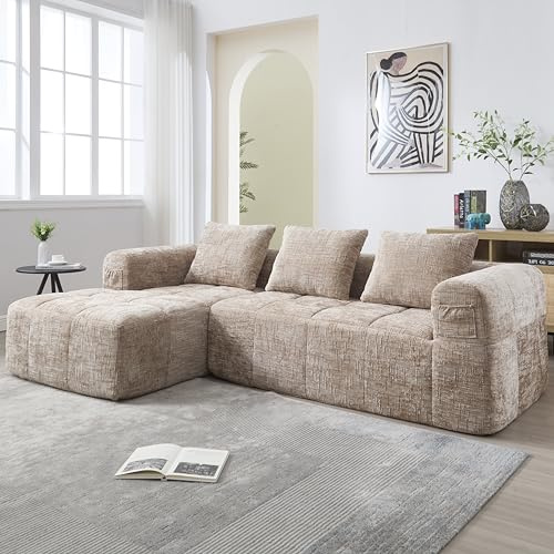 Sapgaks Canapé 3 Places en Chenille avec méridienne,Poche latérale,accoudoirs,3 Coussins,canapé modulable,Combinaison DIY,canapé d'angle en L (D-Kaki, 3 Places)