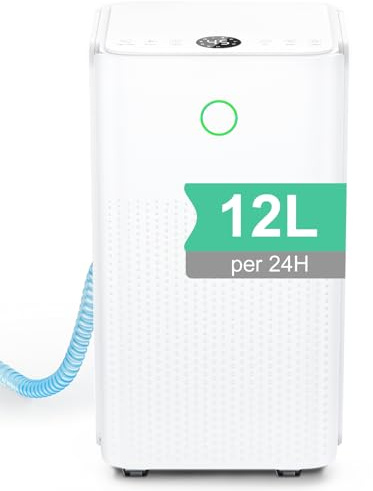 Deshumidificador 12L/24h, Deshumificadores de Humedad para Hogar, Deshumidificador Eléctrico Silencioso con Compresor, 3 Modos, Temporizador 24h, Depósito 2,2L, Drenaje Continuo, Deshielo Automatico