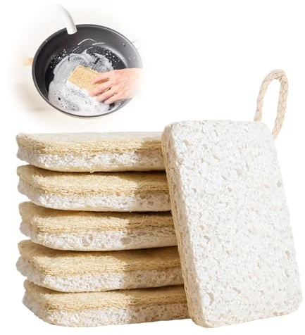 Pack of 6 Natural Loofah Washing Up Sponges Loofah and Cellulose Kitchen | Dish Scrubbers Biodegradable Eco Kitchen Sponge Plastic Free Non Scratch Sponges with Cotton Hanging Loop