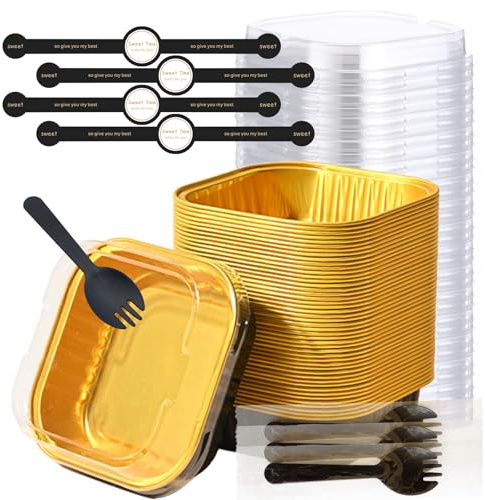 50PCS Mini Cake Baking Cups with Lids and Spoons 5oz Square Aluminum Foil Baking Pans for Mini Loaf Tins Cupcake Boxes Cheesecake Pots Tiramisu Container for Party Wedding Picnic(Black)