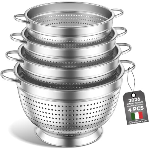 Set di 4 scolapasta in acciaio inox, 20/24/26/28 cm Colino-Scolapasta in Metallo per Lavello con Manico, Filtro a Maglia Fine per Lavare Pasta, Verdura, Frutta e Riso (Quattro)