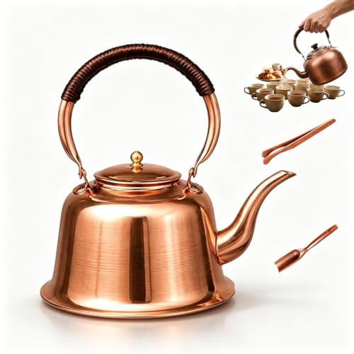 Solid Copper Tea Kettle Stovetop, Fast Boiling Copper Tea Pot with Cool-Touch Rope Handle， Coppers Whistling Tea's Kettle for Induction, Electric, Gas Stoves，1PC