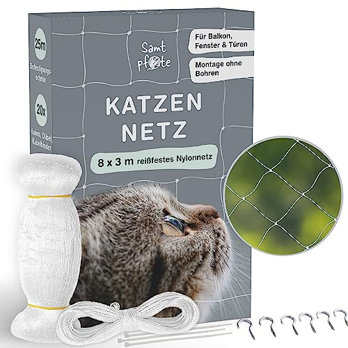 Samtpfote® Katzennetz für Balkon & Fenster - 8 x 3 m - Transparent und reißfest - Extragroßes und langlebiges Katzenschutznetz inkl. Montagematerial - wetterfest - Taubenabwehr und Vogelschutz