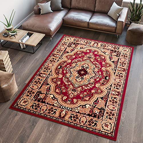 TAPISO Atlas Teppich Kurzflor Rot Beige Ornament Medaillon 300 x 400 cm | Wohnzimmer Klassisch Schlafzimmer Traditioneller Teppich für Wohnzimmer Esszimmer OEKO-TEX