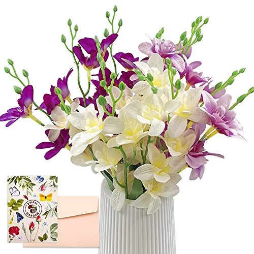 SNAIL GARDEN 3Pack Artificial Orchids, 60 Heads Real Touch Silk Dancing Lady Orchids Fake Freesia with Green Leaves Bouquet for Home Hotel Flower Arrangement Party Decor(White,Purple,Light Purple)