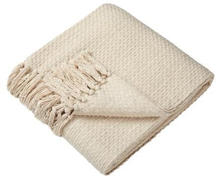 Drift Home - Jeté Crème avec Pompon (180 x 130 cm) - Coton Recyclé Durable - Couverture Tissée en Panier - Texturée pour Canapé - Grand Jet de Lit