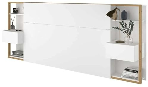 Miroytengo Cabecero Line de Matrimonio con Cajones y Almacenaje con Mesitas Integradas Blanco y Roble (255cm)