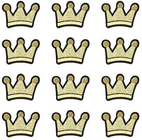 JKJF 12 Stück Kronen Stickerei Patches Krone Aufbügeln Aufnäher König Königin Aufnäher Applikation für Kleidung Rucksack Schuhe Jacke Jeans Hut Kleid Vorhang Basteln - Gold