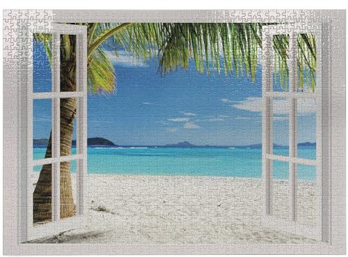 ABAKUHAUS Türkis Puzzle, Tropical Beach Palmen, Heirloom-Qualität lustige Aktivität für die Familie langlebiger Karton, 1000 Stücke, Blau, Grün und Weiß