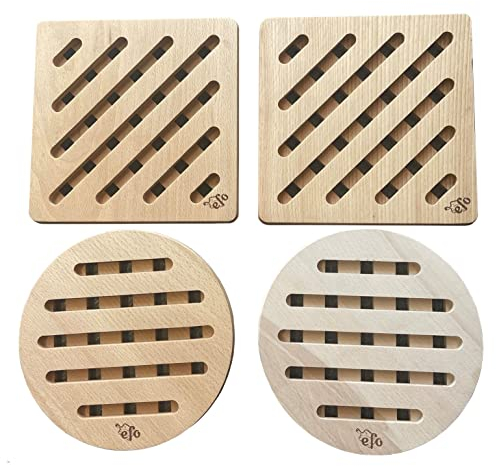 EFO Holzpads für Kochtöpfe Set 4-teilig | Topfunterlage aus Buchenholz | Holzunterlage für heißen Topf – Schutz für Tisch und Arbeitsplatte | Runde und quadratische Untersetzer Holz 20x20 cm